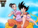Goku y Chi-Chi sentados en la nube voladora con los pechos grandes de ella rozando el cuerpo del guerrero saiyajin.