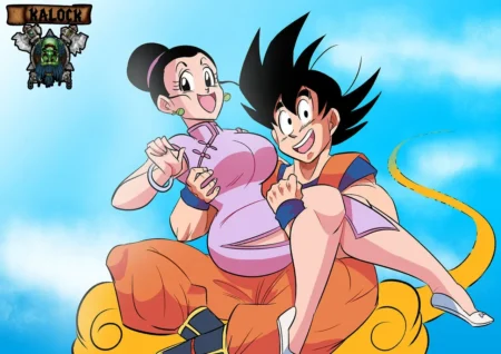Goku y Chi-Chi sentados en la nube voladora con los pechos grandes de ella rozando el cuerpo del guerrero saiyajin.
