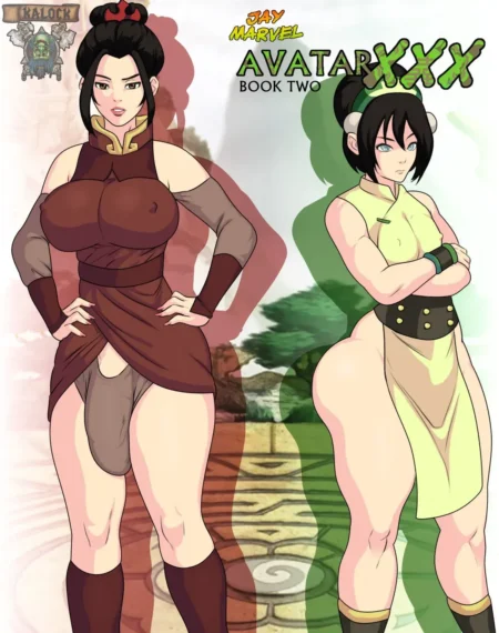 Dos mujeres sensuales de Avatar XXX Book 2 con pechos grandes y vulvas expuestas vistiendo atuendos orientales cortos.