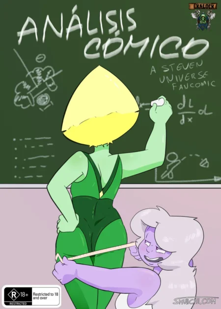 Amethyst usa una regla para estimular el clítoris de Peridot mientras ella escribe en una pizarra.