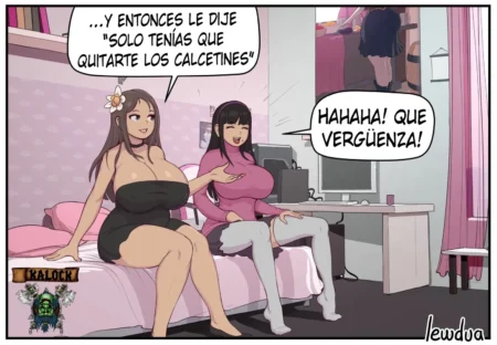 Dos mujeres voluptuosas sentadas en la cama, una con vestido negro corto y otra con jersey rosa y medias blancas.