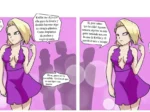 Androide 18 con vestido morado escotado y pechos grandes hablando sobre cirugías sexuales y sexo en casa de Krillin.