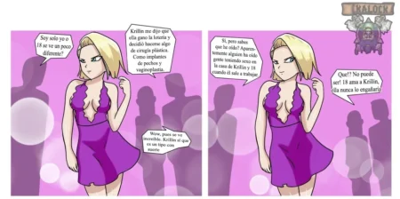 Androide 18 con vestido morado escotado y pechos grandes hablando sobre cirugías sexuales y sexo en casa de Krillin.