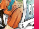 Bulma de cabello azul con vestido corto naranja y glúteos expuestos sentada sobre una cápsula espacial de Aarokira.