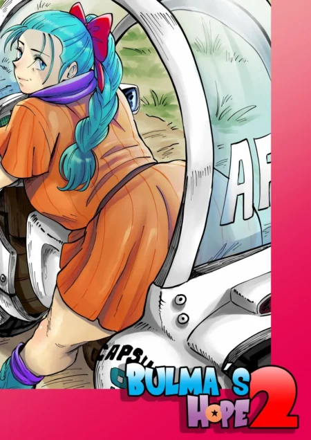 Bulma de cabello azul con vestido corto naranja y glúteos expuestos sentada sobre una cápsula espacial de Aarokira.
