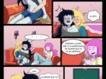 Cómic NSFW de Hermit Moth con Marceline y Bubblegum abrazadas y excitadas sugiriendo sexo en la habitación.