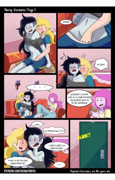 Cómic NSFW de Hermit Moth con Marceline y Bubblegum abrazadas y excitadas sugiriendo sexo en la habitación.