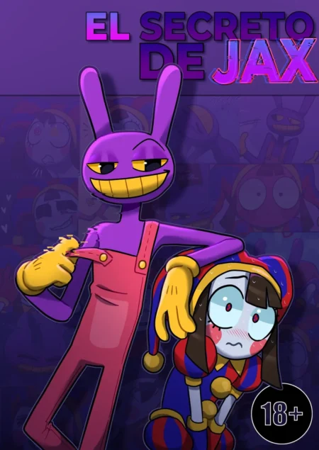 Jax conejo morado sonriente con Pomni payasa asustada en portada de cómic erótico El Secreto de Jax de Aridibujitosnsfw.