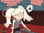 Hilda sentada en cama con ropa interior y falda corta, molesta mientras piensa en un cosplay de bruja erótico.