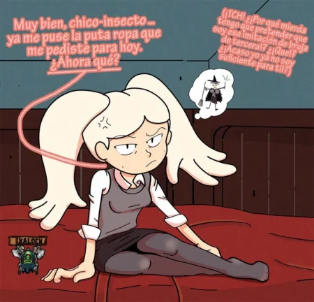 Hilda sentada en cama con ropa interior y falda corta, molesta mientras piensa en un cosplay de bruja erótico.