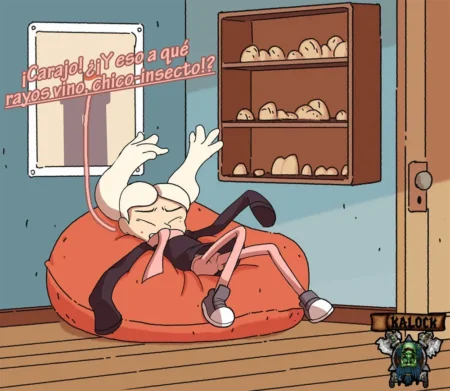 Hilda excitada en un puf con la lengua fuera y ropa interior rota mientras grita al chico insecto.
