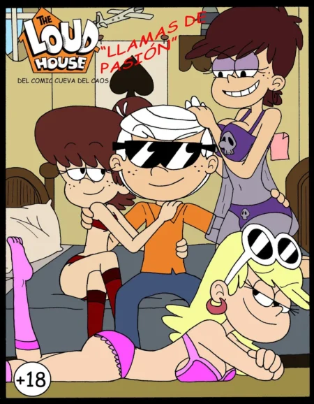 Lincoln Loud con gafas oscuras rodeado por Luan, Luna y Leni en ropa interior provocativa en una cama.