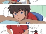 Joven deportista de camiseta roja se masturba en su escritorio mientras intenta hacer la tarea de matemáticas.