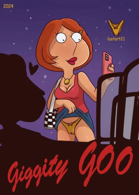 Fanart NSFW de Lois Griffin levantándose la falda para mostrar sus bragas amarillas mientras se toma una selfie.