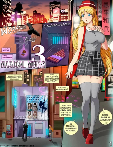 Mujer rubia con pechos grandes, minifalda a cuadros y medias altas frente a un club de strippers en la ciudad.