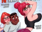 Mujer pelirroja con gafas y falda corta exhibiendo sus glúteos mientras un hombre y otra mujer la miran excitados.