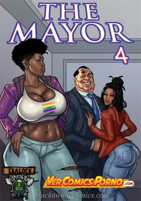 Portada de The Mayor Vol. 4 con dos mujeres curvilíneas y pechos grandes junto a un hombre gordo en traje.