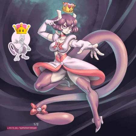 Mewtwo g копия antropomórfica con pechos grandes, vestido corto y cola larga en pose provocativa y sugerente.
