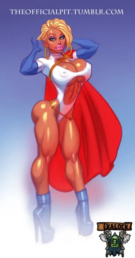 Power Girl con traje blanco ajustado, escote pronunciado y capa roja posando con actitud sexual y cuerpo voluptuoso.
