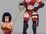 Mother Russia musculosa con parche sostiene con el lazo a Wonder Woman atada y con los pezones expuestos.