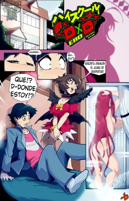 Issei despierta frente a Koneko con Rias Gremory desnuda y erótica exhibiendo sus glúteos y pechos tras una cortina.