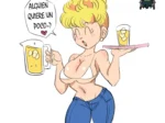 Rubia voluptuosa en bikini blanco y jeans ajustados ofreciendo cerveza con pechos grandes y cintura estrecha.