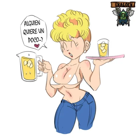 Rubia voluptuosa en bikini blanco y jeans ajustados ofreciendo cerveza con pechos grandes y cintura estrecha.