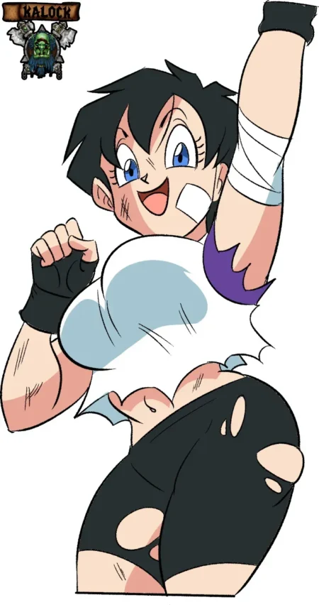 Caulifla con ropa rota, pechos grandes expuestos y shorts desgastados mostrando sus glúteos en pose provocativa.