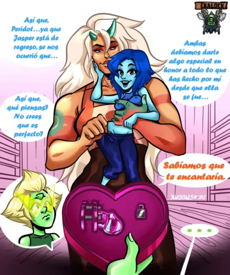 Jasper y Lapis abrazadas ofrecen un corazón con juguete sexual y candado a Peridot en un contexto de cuckolding.