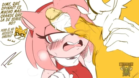 Amy Rose recibe una felación del pene gigante de Tails mientras Sonic ignora la situación.