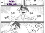 Mujer gorda y excitada masturbando a un adolescente jadeante mientras él toca sus pechos grandes en un cómic erótico.