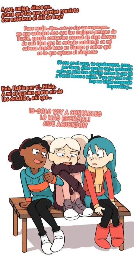 Tres chicas sentadas en un banco conversando sobre fantasías sexuales explícitas y deseos eróticos con David.