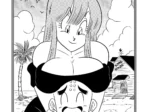Bulma abraza por detrás a Krillin aplastando su cara contra sus enormes pechos con un sostén negro muy revelador.
