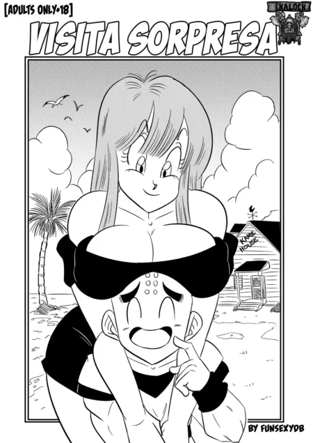 Bulma abraza por detrás a Krillin aplastando su cara contra sus enormes pechos con un sostén negro muy revelador.