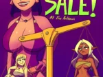 Mujer gigante con pechos grandes exhibe a dos elfas semi-desnudas atadas como marionetas en una balanza erótica.