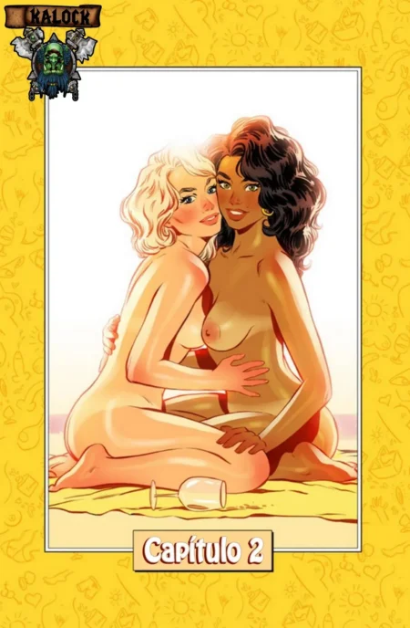 Dos mujeres desnudas, una rubia y una morena, abrazadas y eróticas sobre la arena en Swinging Island 2 de Andrew Tarusov.