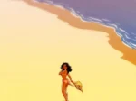 Mujer erótica con pechos descubiertos y bikini diminuto caminando desnuda por la playa de Swinging Island.