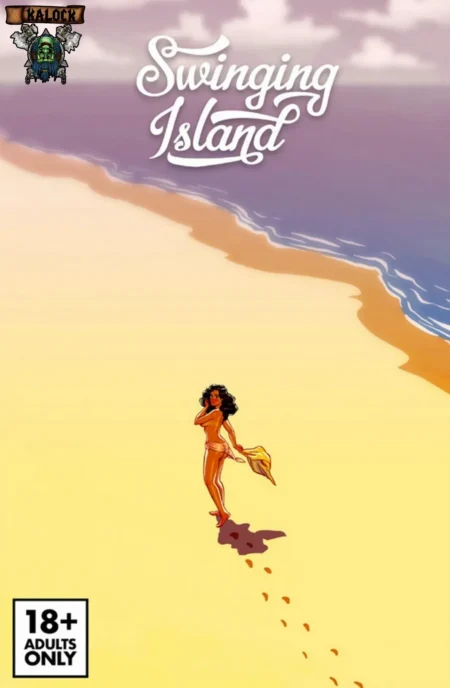 Mujer erótica con pechos descubiertos y bikini diminuto caminando desnuda por la playa de Swinging Island.