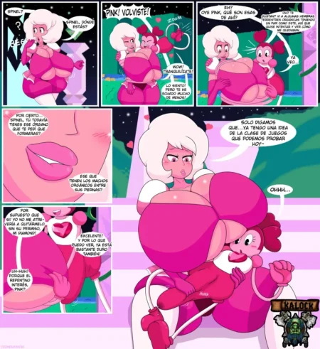 Cómic erótico de Pink Diamond y Spinel con pechos gigantes y fetiche de Spenis mientras se masturban y se besan.