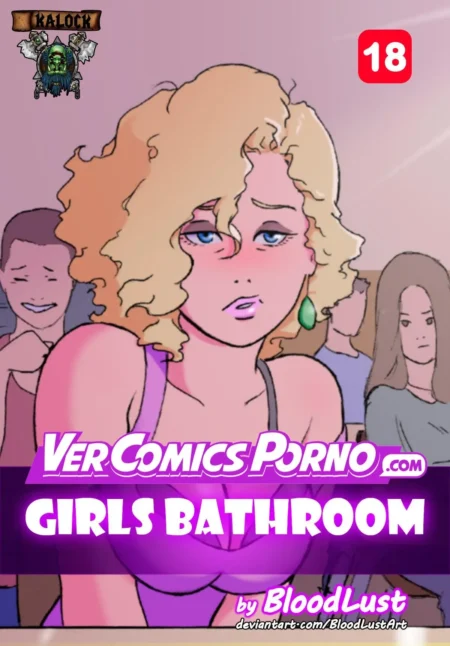 Portada de cómic erótico Girls Bathroom con mujer rubia excitada y pechos grandes en un baño.