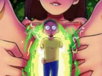 Morty atrapado en un portal frente a una versión gigante y excitada de Jessica en Viaje De Placer de Vcpvip.