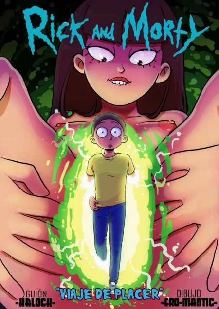 Morty atrapado en un portal frente a una versión gigante y excitada de Jessica en Viaje De Placer de Vcpvip.