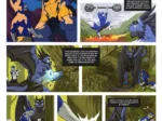 Cómic yaoi furry de un lobo azul y un dragón musculoso entrenando juntos con escenas de nostalgia y erotismo.