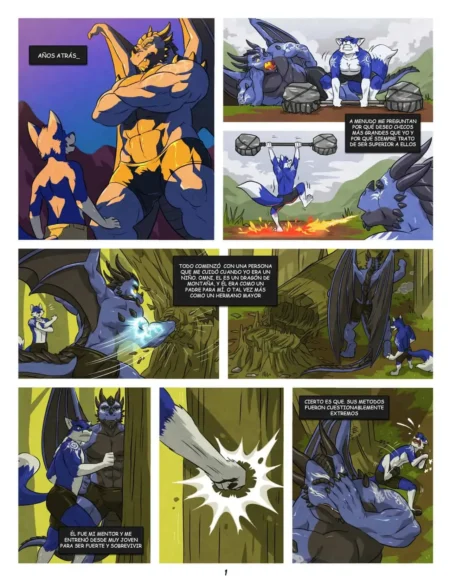 Cómic yaoi furry de un lobo azul y un dragón musculoso entrenando juntos con escenas de nostalgia y erotismo.