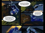 Cómic furry NSFW de un tiranosaurio negro y un lobo azul durmiendo juntos tras tener sexo intenso y agotador.