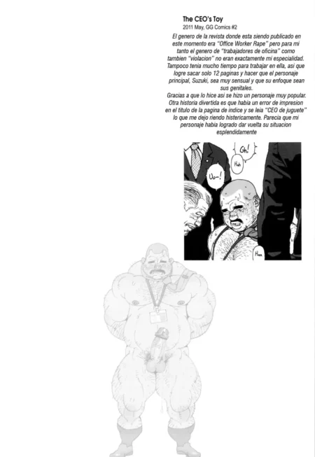 Hombre musculoso con traje de oficina y pene erecto junto a viñeta de rostro sudoroso y excitado.