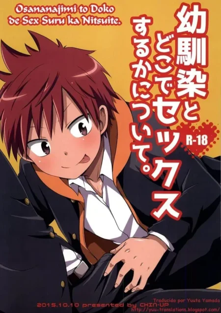 Joven pelirrojo con expresión lasciva y ruborizado tocando genitales masculinos en portada de manga hentai R-18.
