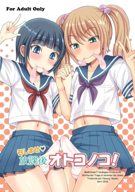 Dos femboys con uniforme escolar corto, pechos planos y lengua fuera en pose provocativa y erótica.