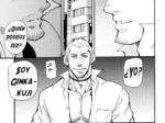 Dos hombres musculosos y fuertes se miran fijamente en una página de manga Yaoi Go West 3 de Matsu Takeshi.