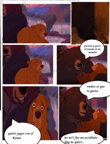 Cómic yaoi furry de Brother Bear con Kenai y Tug en escenas sexuales explícitas y diálogos eróticos en español.